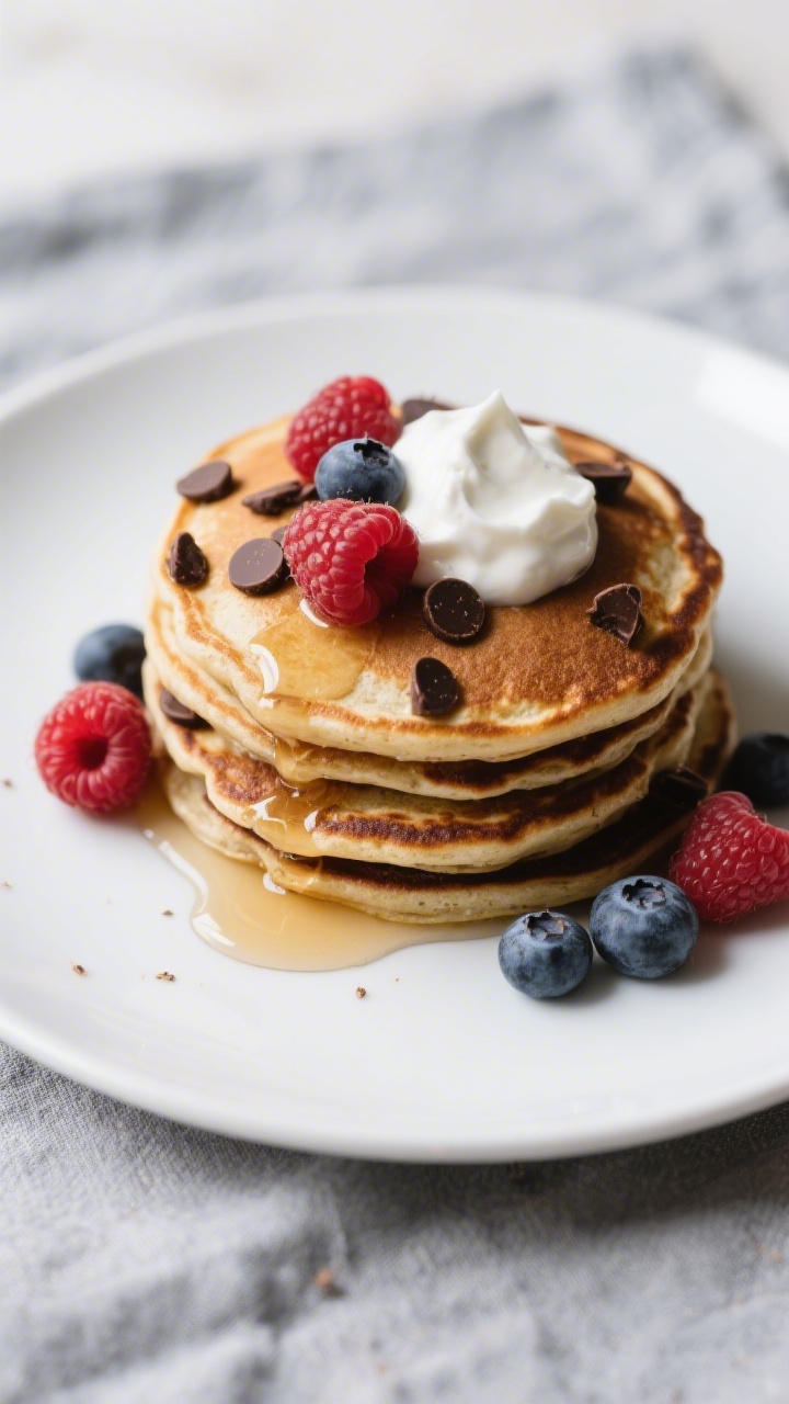 Overhead shot of a neatly stacked plate of high-protein dark chocolate chip pancakes, golden-brown w