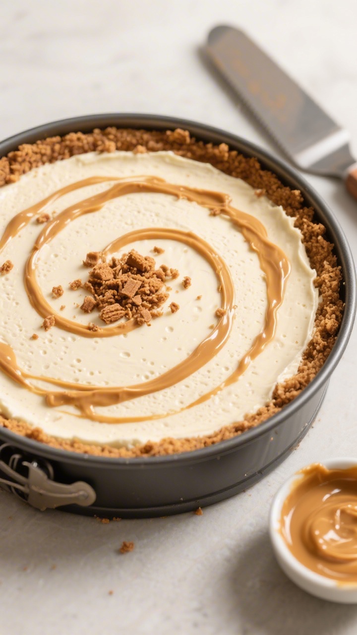 Overhead shot of a no-bake Greek Yogurt Biscoff Cheesecake just set and still in the springform pan: