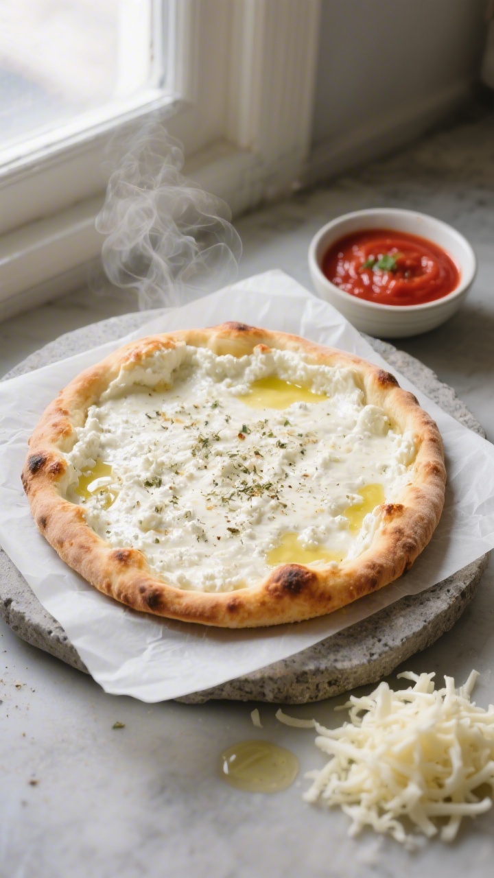Overhead shot of a par-baked cottage cheese pizza crust on parchment just flipped for extra crispnes