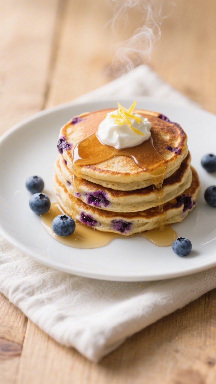 Overhead shot of a stack of high-protein blueberry pancakes on a matte white plate, golden-brown wit