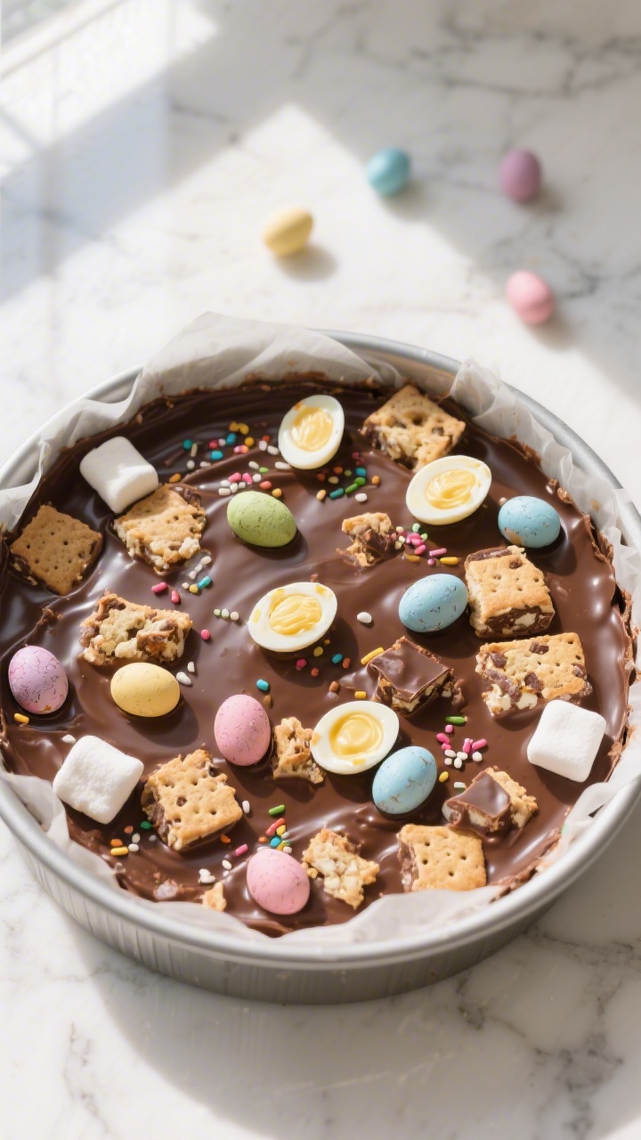 Overhead shot of an 8-inch parchment-lined tin filled with freshly pressed Easter Rocky Road, glossy