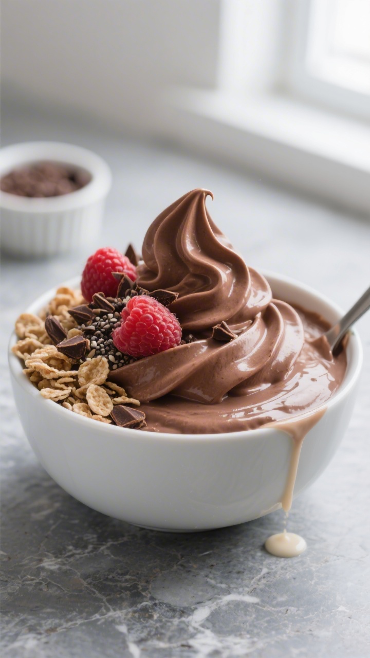 Overhead shot of an ultra-thick chocolate protein smoothie bowl just poured into a chilled matte-whi