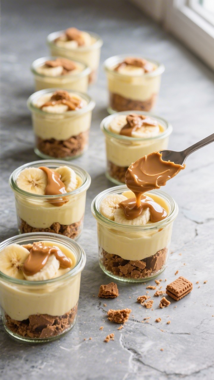 Overhead shot of assembled Biscoff Banana Pudding Cups mid-process: a neat row of 6–8 oz glass jar