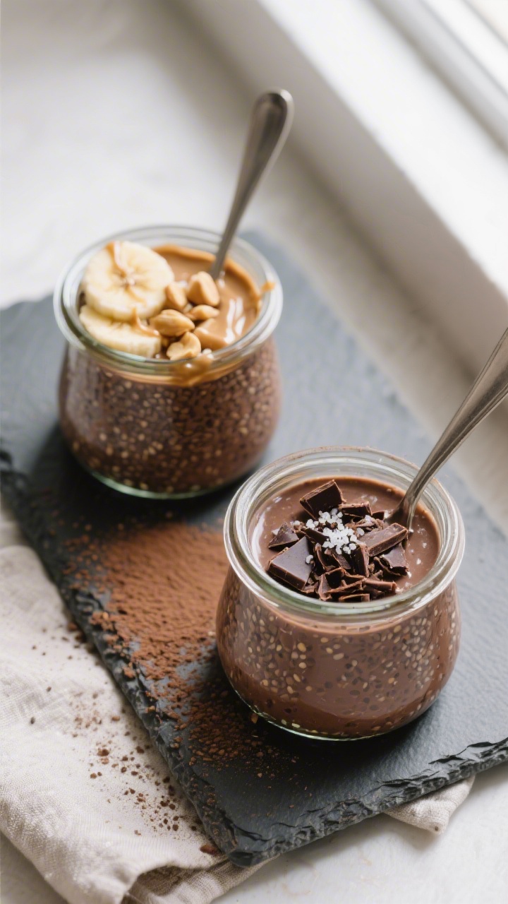 Overhead shot of chocolate peanut butter chia protein pudding after chilling, spooned into two small