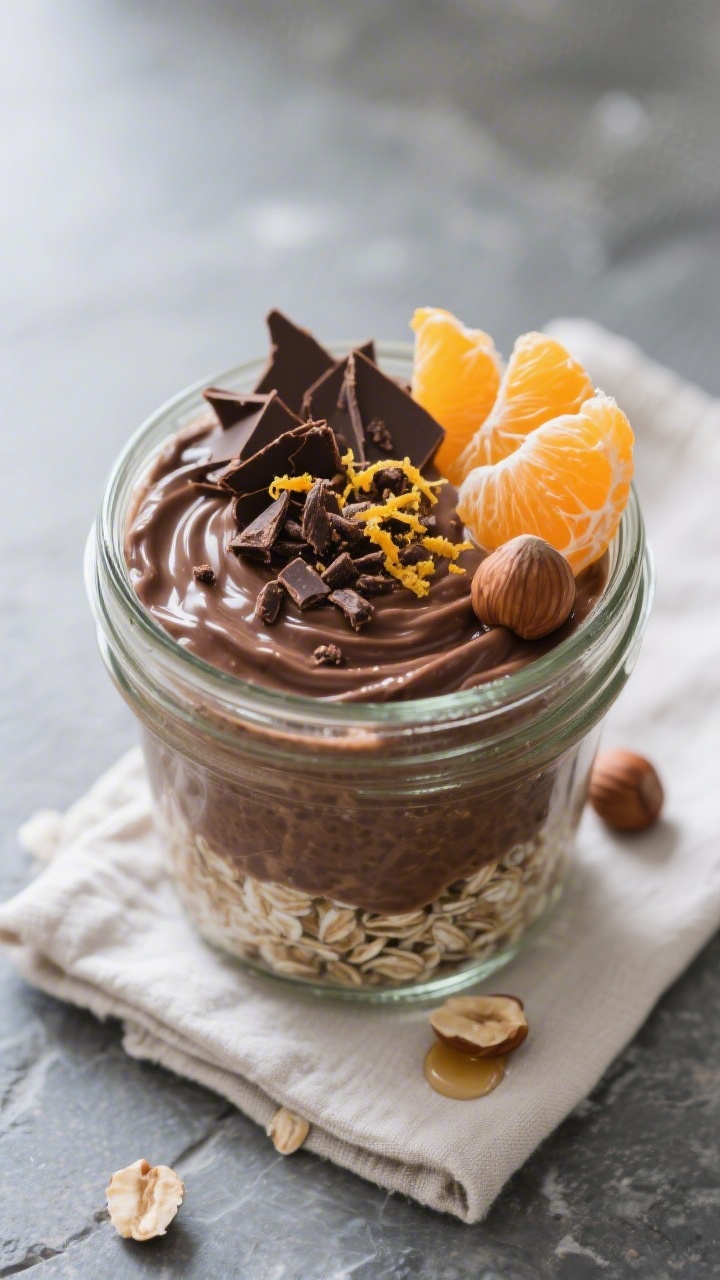 Overhead shot of finished Chocolate Orange Protein Overnight Oats in a clear glass jar, thick and pu