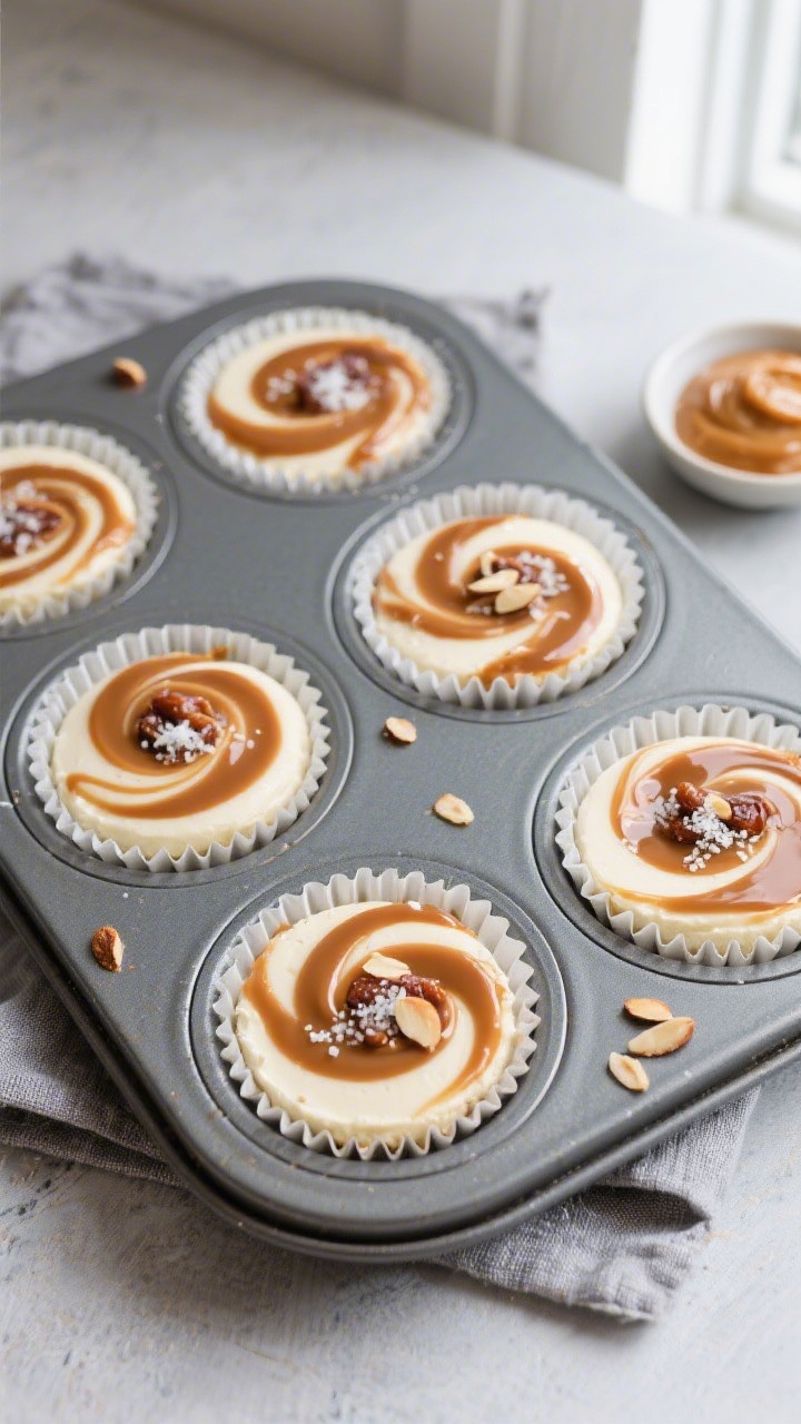 Overhead shot of finished Date Caramel Cheesecake Cups in a muffin tin with paper liners, each cup s