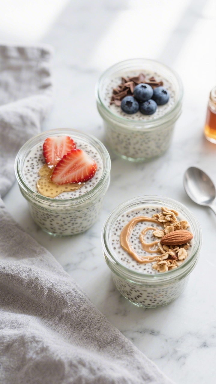 Overhead shot of finished vanilla chia protein pudding set in three small mason jars, thick and crea