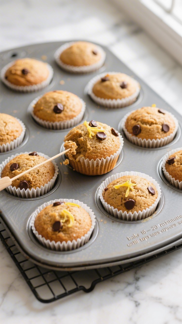 Overhead shot of freshly baked almond flour protein muffins cooling in a 12-cup tin lined with white