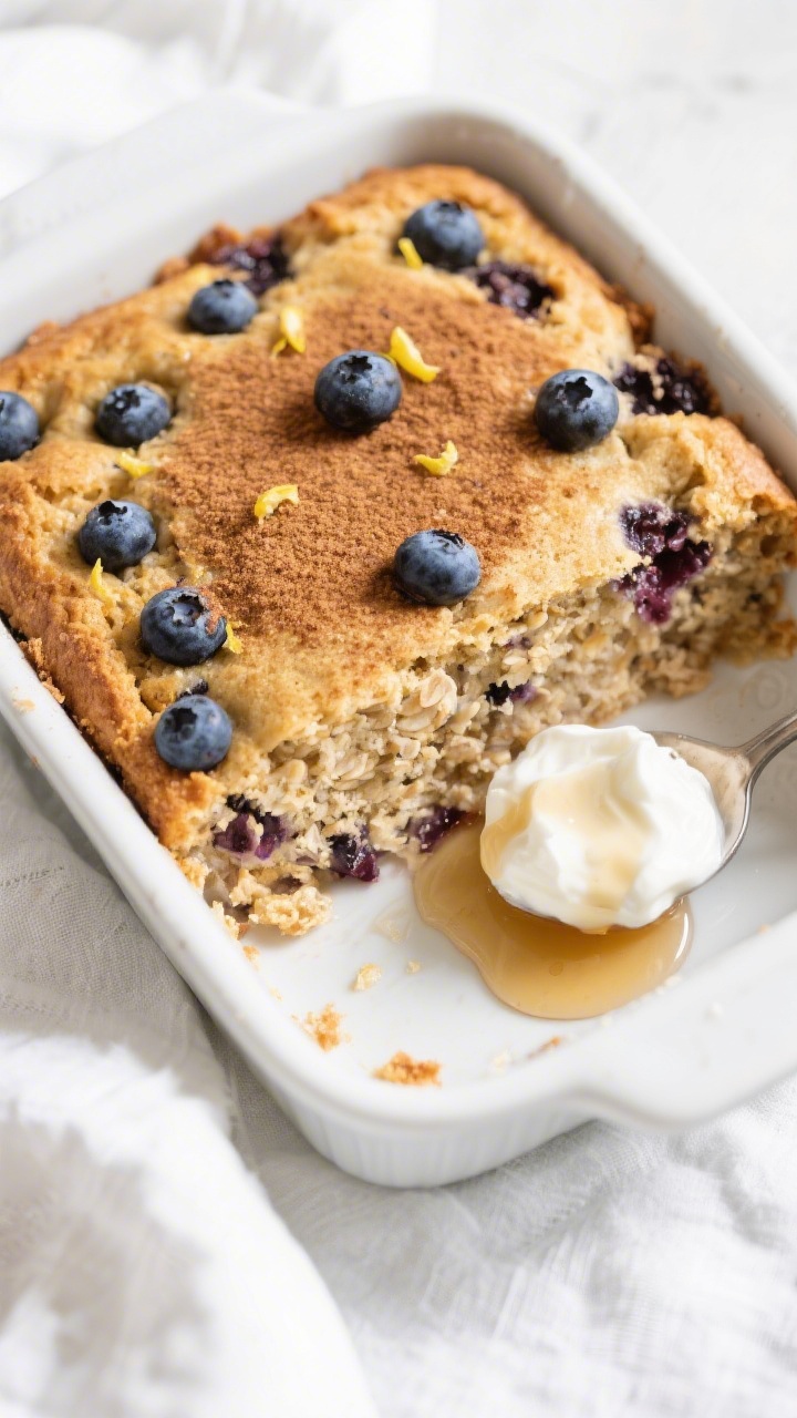 Overhead shot of freshly baked Blueberry Muffin Protein Baked Oats in an 8x8 dish, top golden and se