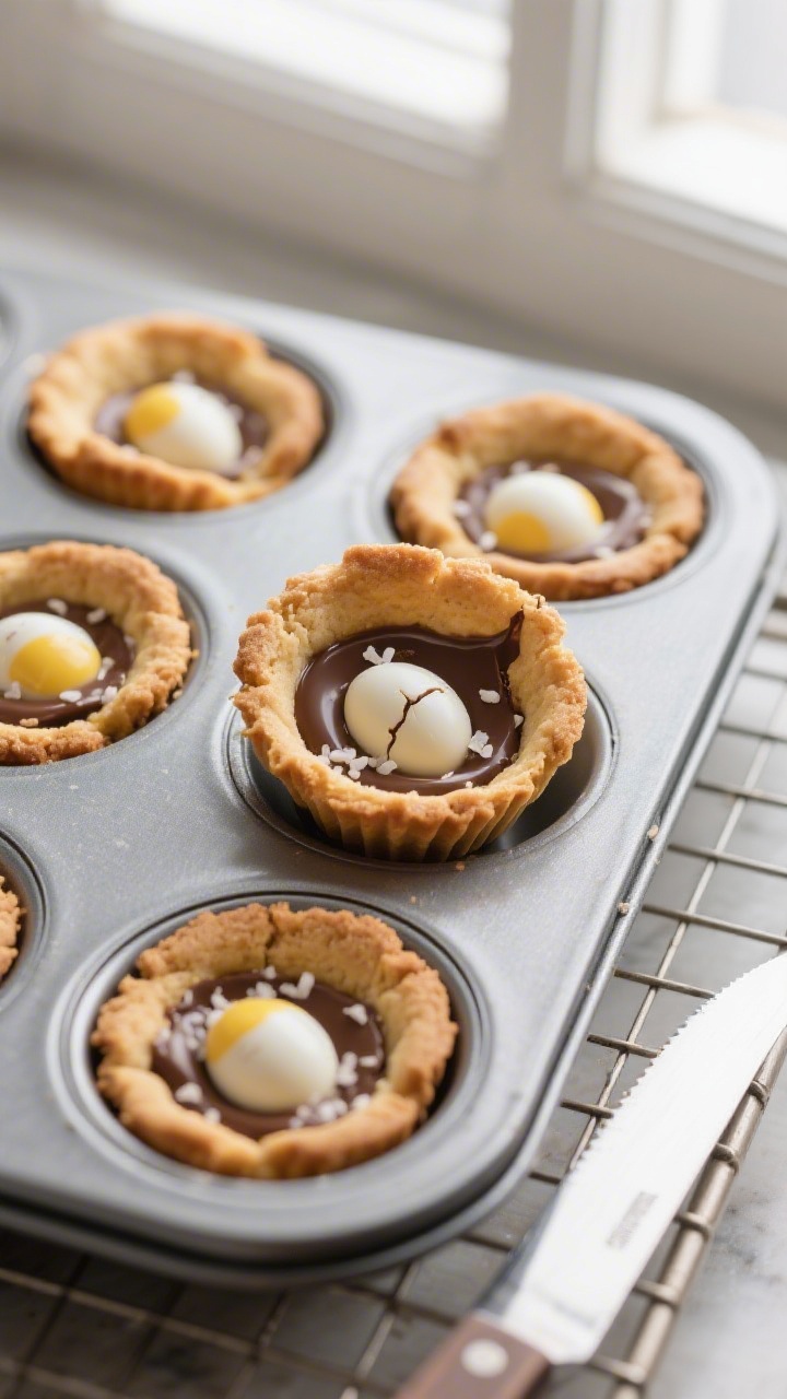 Overhead shot of freshly baked Creme Egg Stuffed Cookie Cups still in the greased muffin tin, edges 