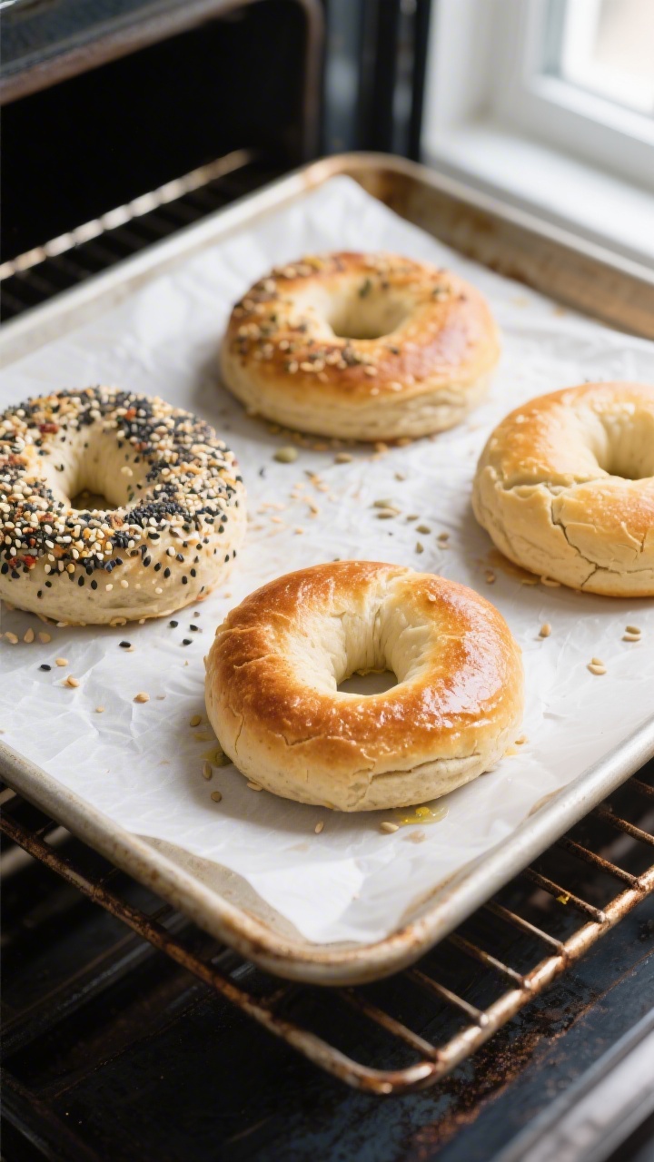 Overhead shot of freshly baked gluten-free bagels on a parchment-lined baking sheet, still on the ov