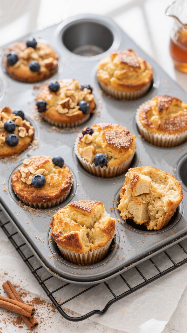 Overhead shot of freshly baked High-Protein French Toast Muffins cooling in a 12-cup muffin tin on a