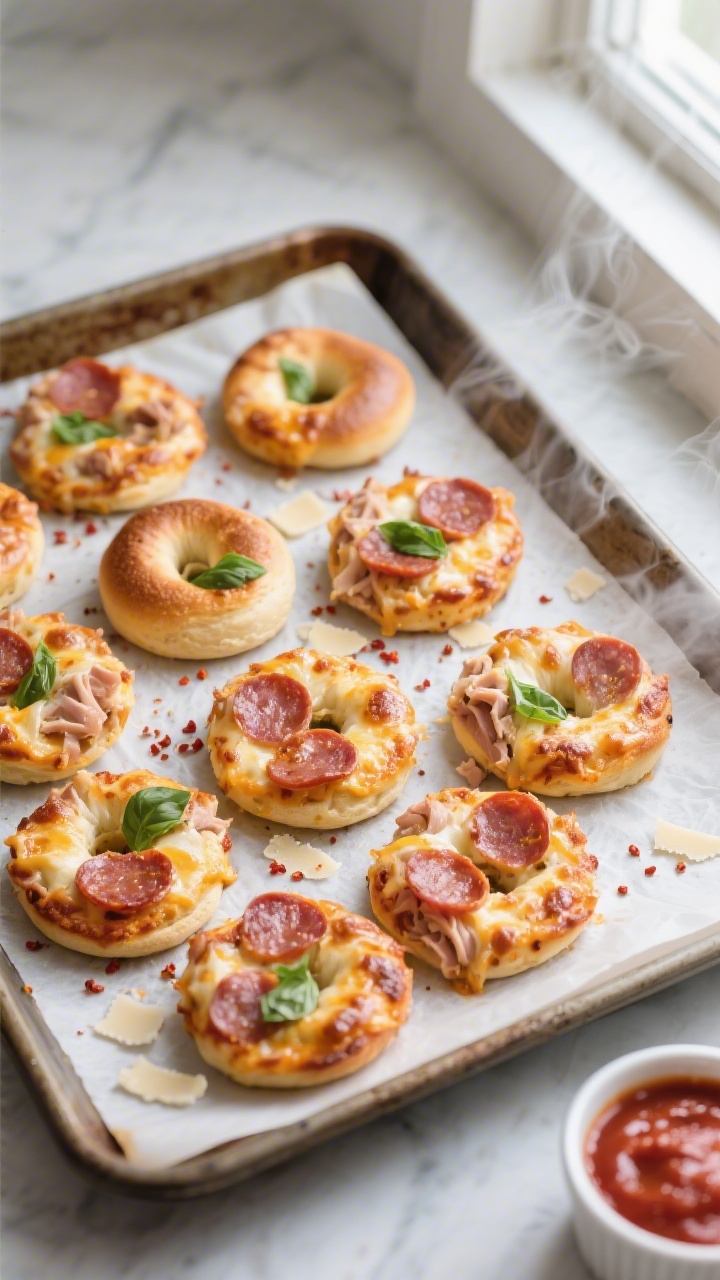 Overhead shot of freshly baked mini bagel pizza bites on a parchment-lined sheet pan just out of a 4