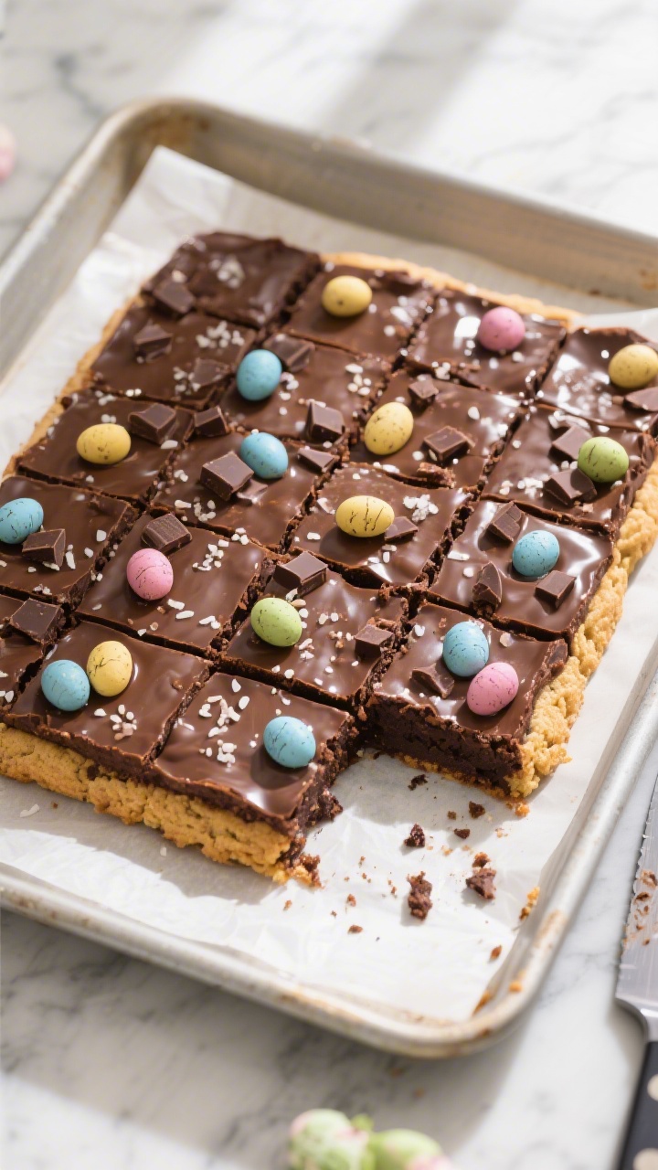 Overhead shot of freshly baked Mini Egg Brookies just out of the pan and cooling on parchment, 8-inc