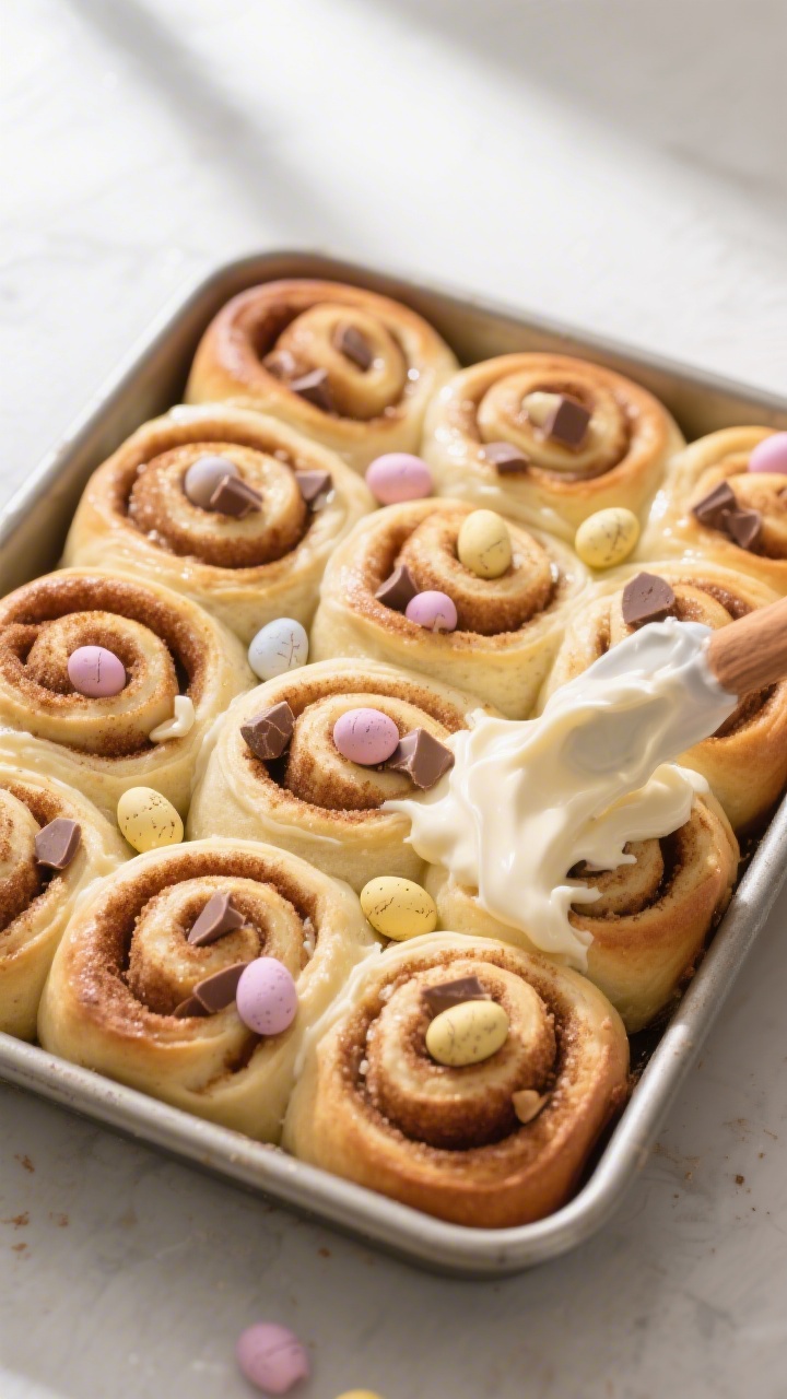 Overhead shot of freshly baked Mini Egg Stuffed Cinnamon Rolls in a greased 9x13-inch pan, tops ligh