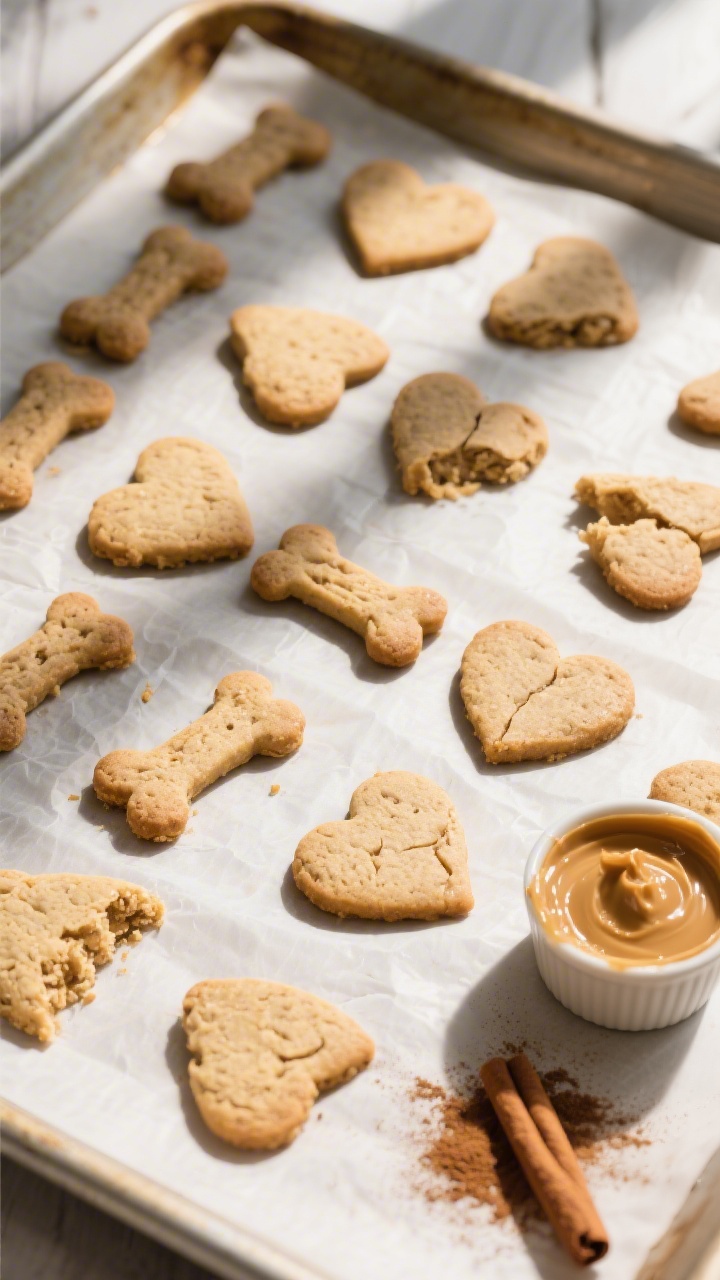 Overhead shot of freshly baked peanut butter dog biscuits on a parchment-lined baking sheet, evenly 