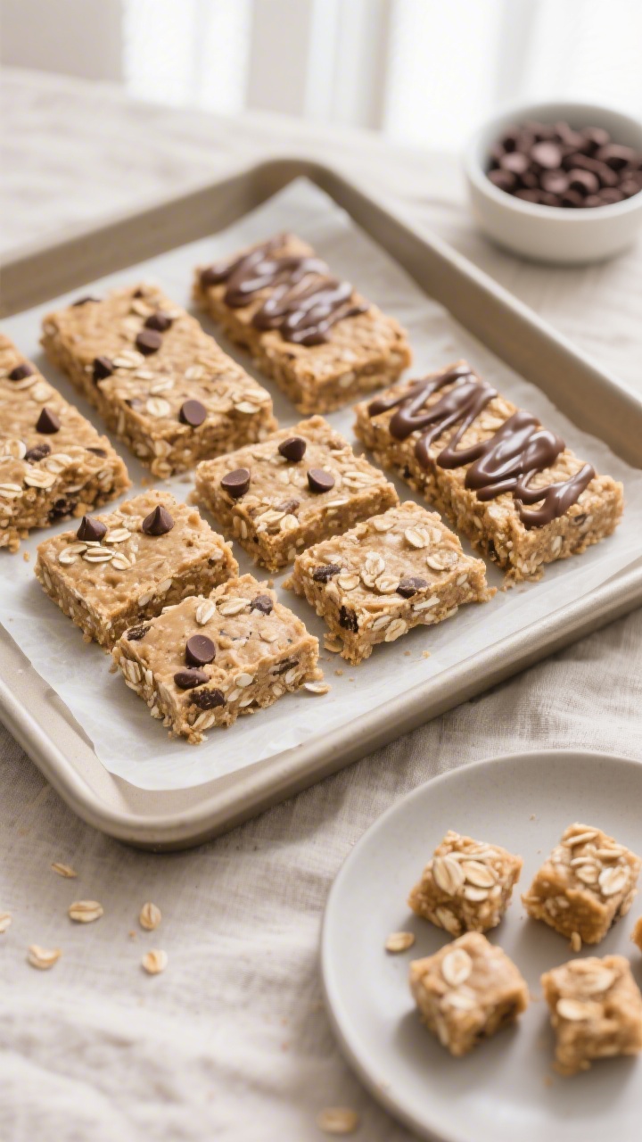 Overhead shot of freshly sliced homemade no-bake peanut butter oat protein bars arranged in a tidy g