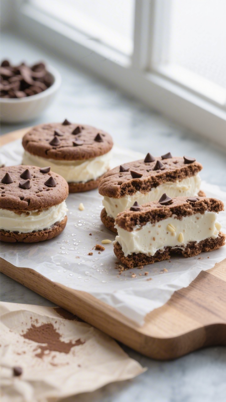Overhead shot of freshly sliced protein ice cream sandwiches on a parchment-lined cutting board, sho