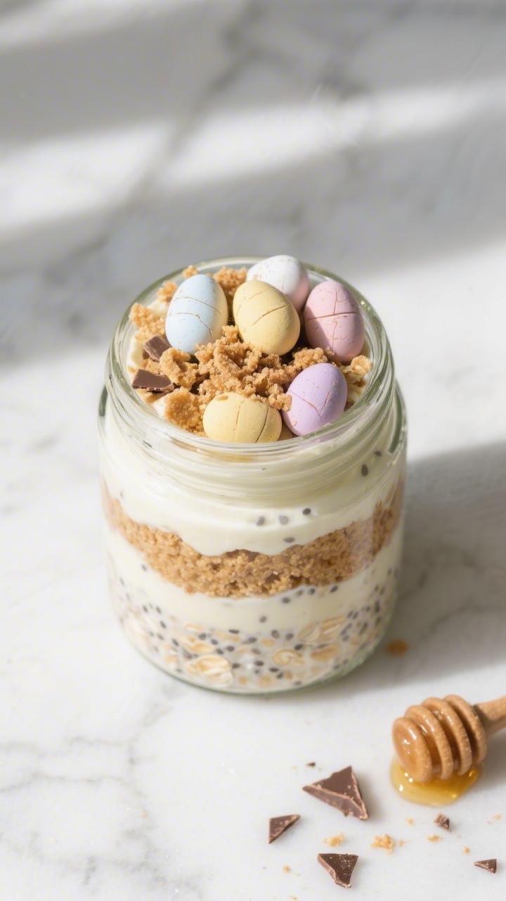 Overhead shot of Mini Egg Cheesecake Overnight Oats layered in a 12–16 oz glass jar: creamy vanill
