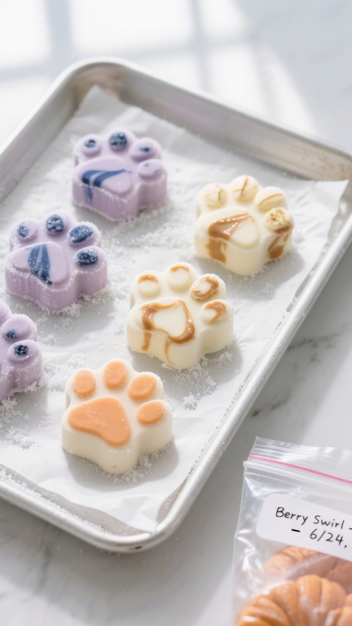 Overhead shot of prepared frozen dog yogurt bites just popped from silicone paw-print molds, showcas