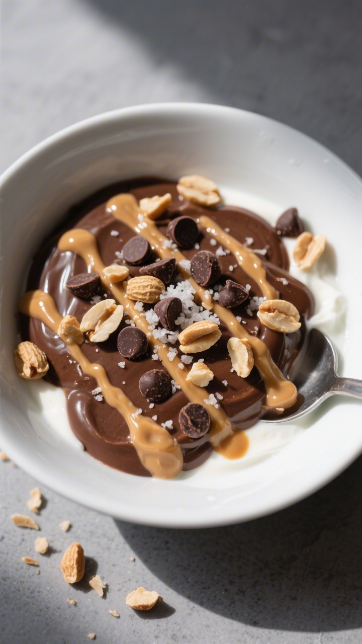 Overhead shot of the assembled Healthy Snickers Protein Yogurt Bowl: thick chocolate-speckled Greek