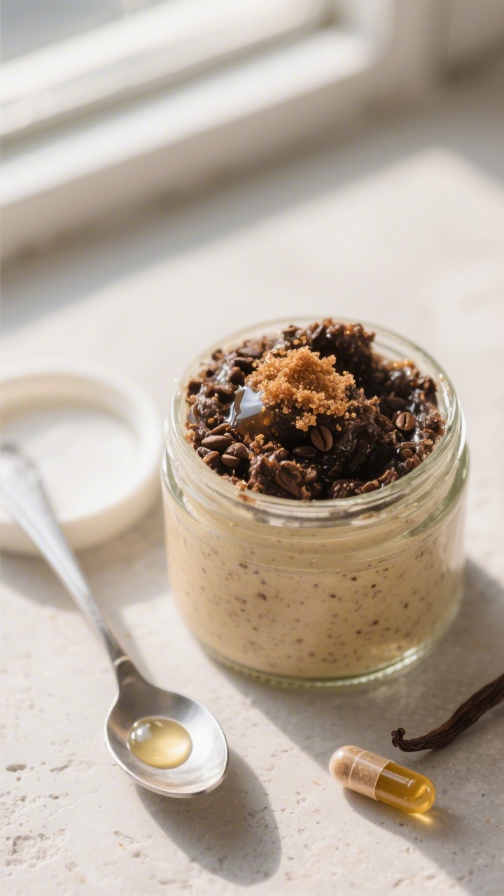 Overhead shot of the finished DIY coffee scrub in a small, wide glass jar, densely packed and scoopa