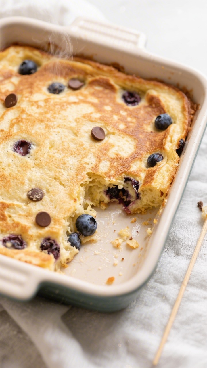 Overhead shot of the freshly baked Healthy Protein Breakfast Pancake Bake just out of the oven in a 