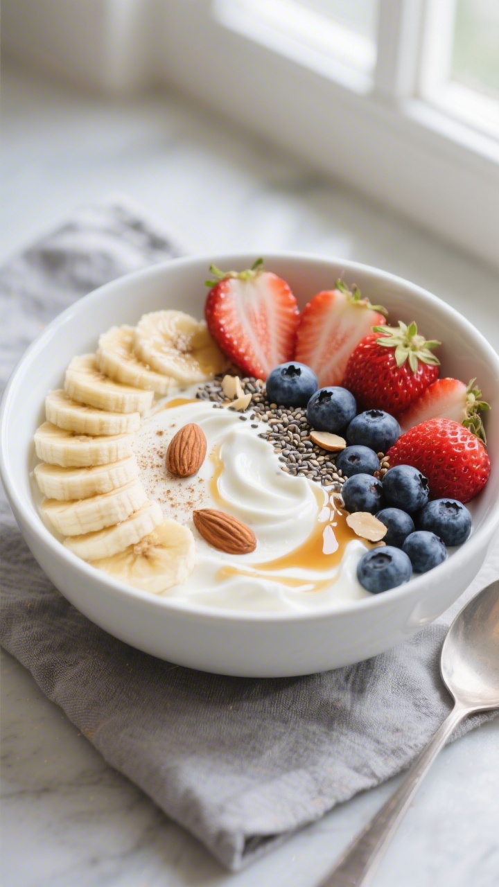Overhead shot of the prepared High Protein Low Calorie Breakfast Bowl: creamy Greek yogurt whisked w