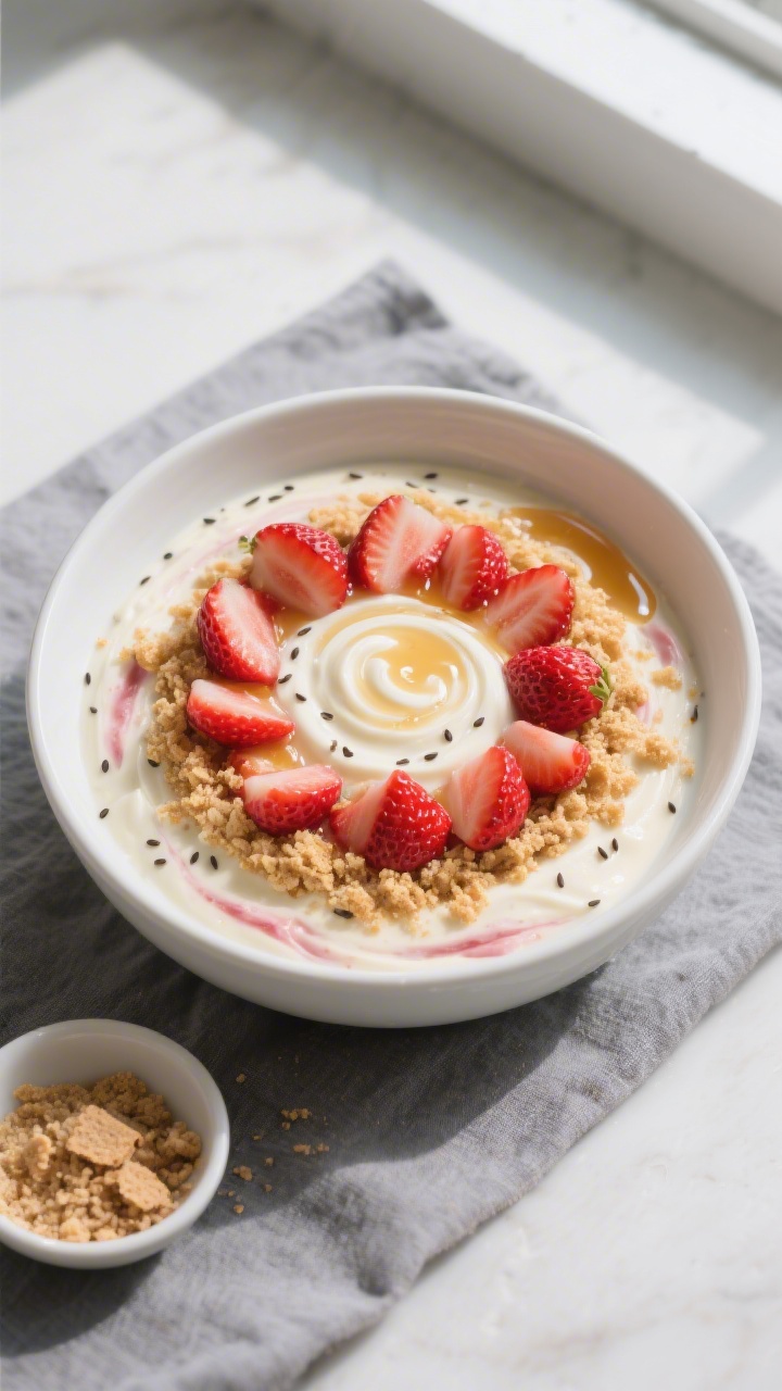 Overhead shot of the prepared High Protein Strawberry Cheesecake Breakfast Bowl just assembled: velv
