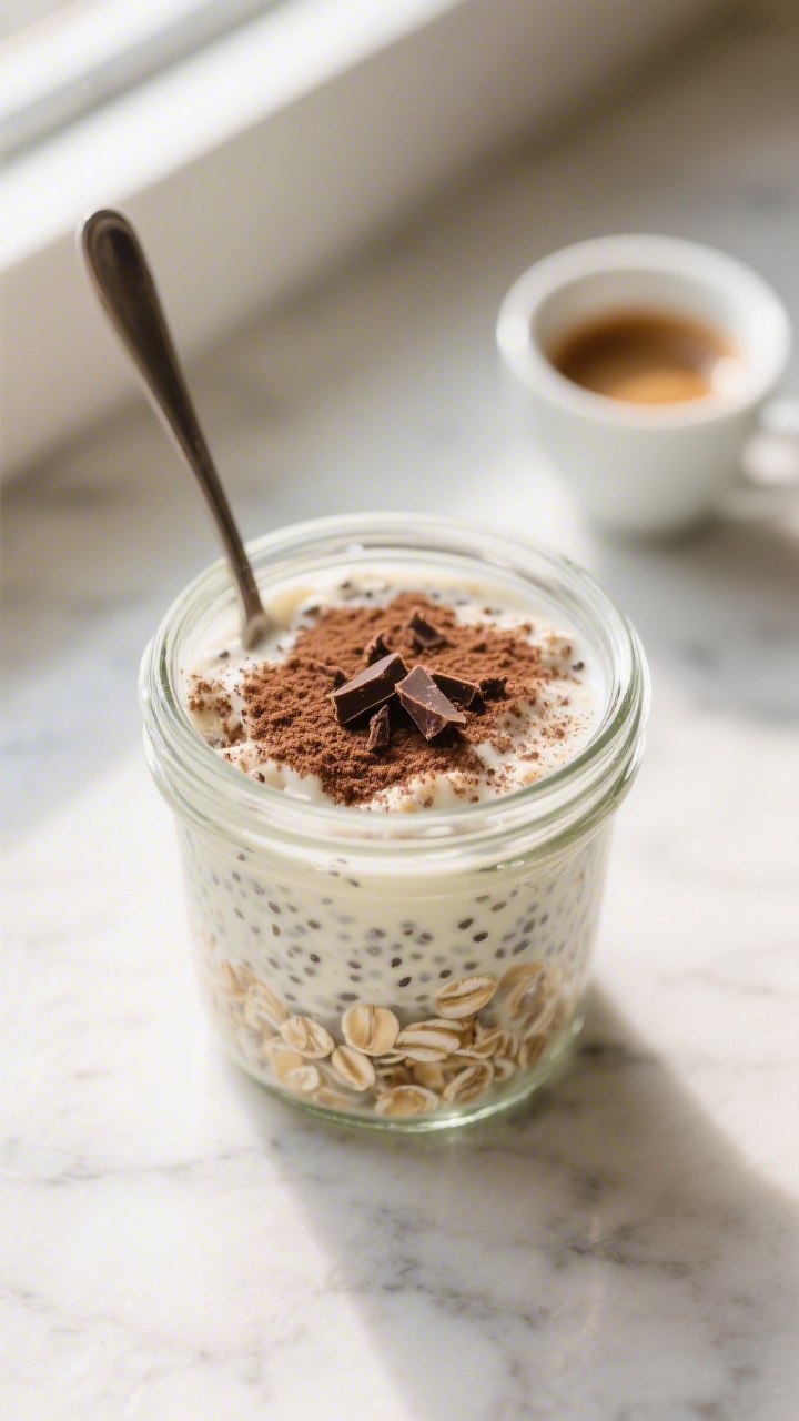 Overhead shot of Tiramisu Protein Overnight Oats after chilling overnight in a clear glass jar, crea