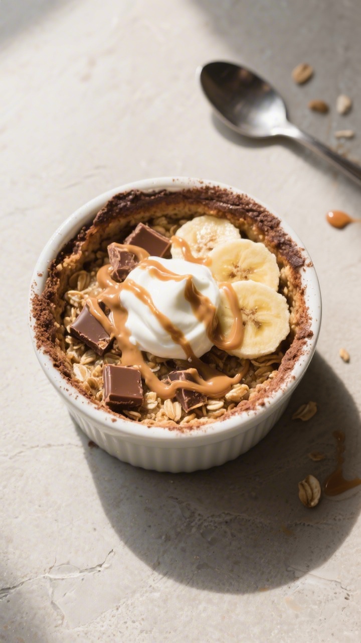 Tasty top view, final presentation: Overhead shot of Mars Bar Protein Baked Oats served warm in the