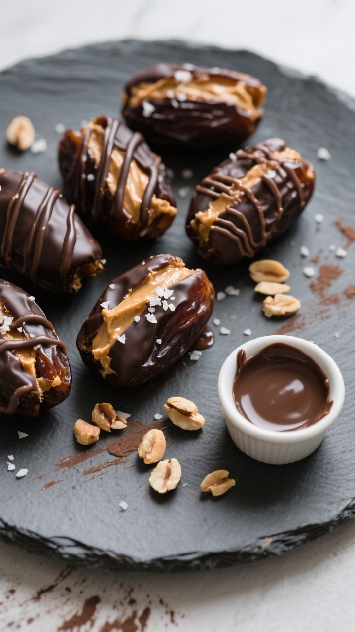 Tasty top view, final presentation: Overhead shot of Snickers Stuffed Dates set on a matte slate pla