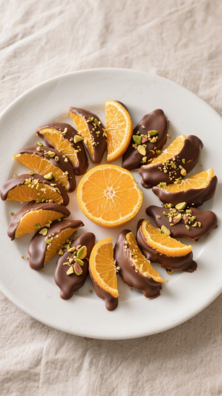 Tasty top view: Overhead shot of a final serving platter of chocolate-dipped orange slices arranged