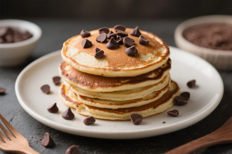 High Protein Low Calorie Dark Chocolate Chip Pancakes (No Sugar Added)