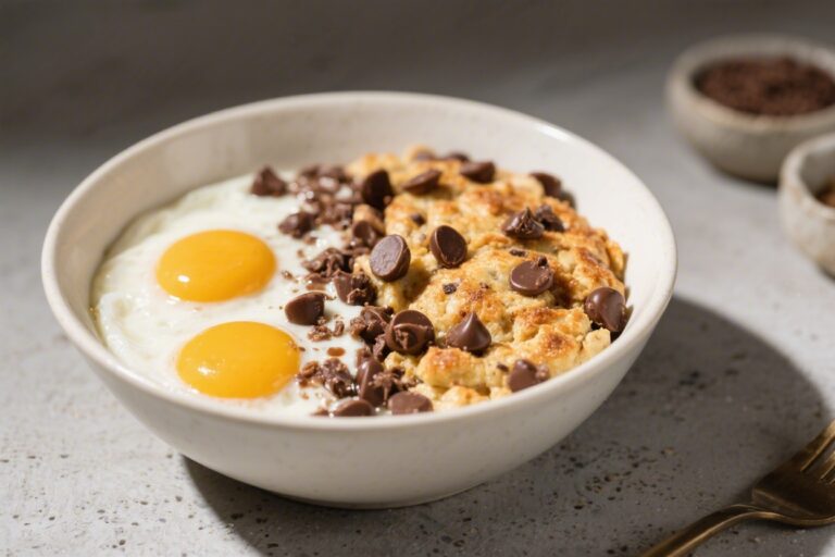 Baked Chocolate Chip Protein Breakfast Bowl (30g Protein, Under 400 Calories)