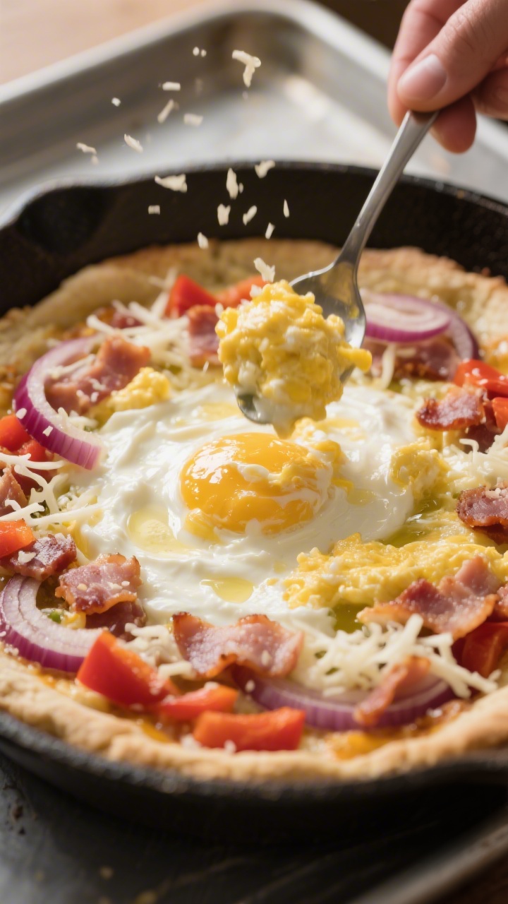 Close-up, 45-degree angle process shot of the par-baked Greek yogurt crust being topped: glossy, sof