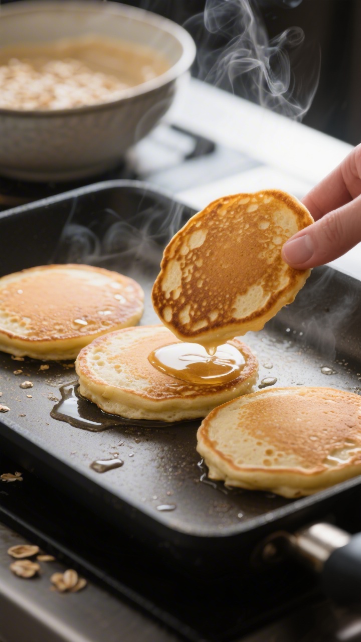 Close-up, 45-degree process shot of pancakes mid-cook on a nonstick griddle: three 1/4-cup rounds wi