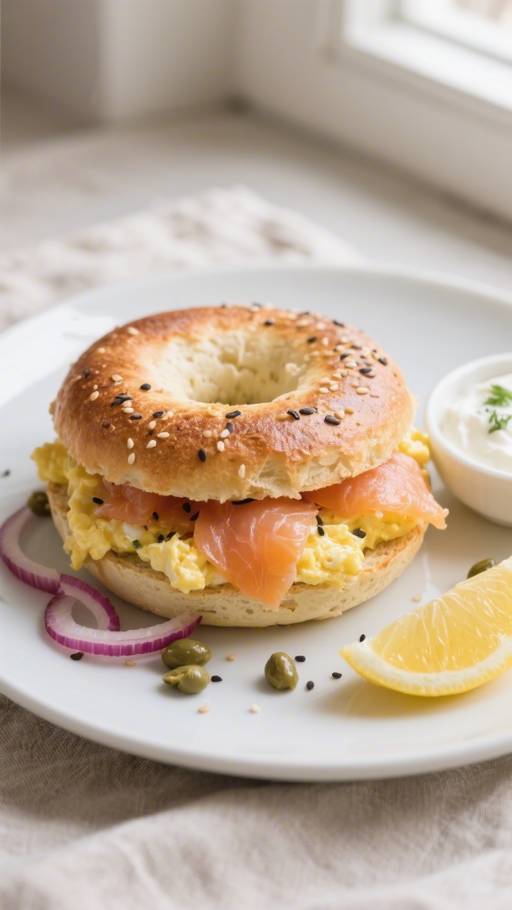 Close-up breakfast plating of a toasted protein bagel layered with silky smoked salmon, soft-scrambl