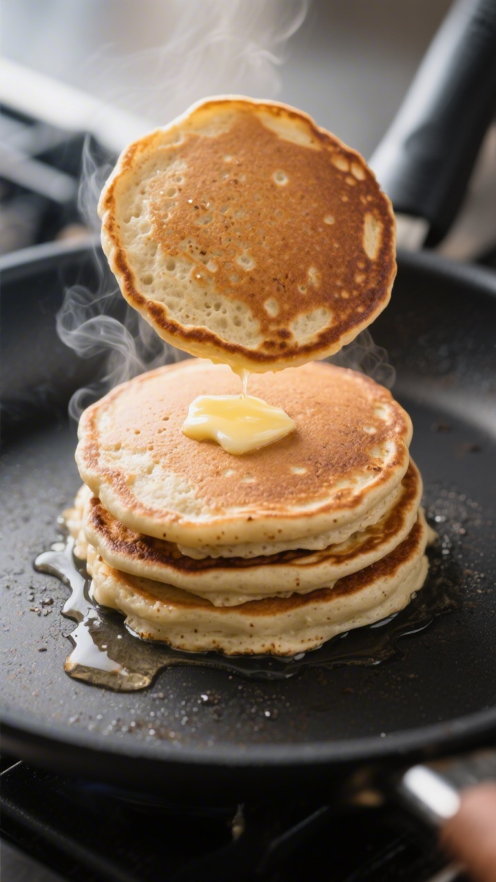 Close-up cooking process: A stack of three sourdough protein pancakes mid-cook on a lightly greased 
