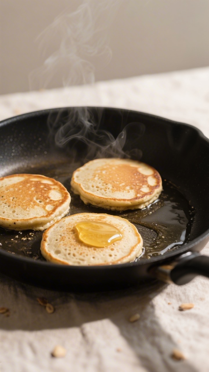 Close-up cooking process: Almond flour protein pancakes mid-cook on a matte black nonstick skillet o