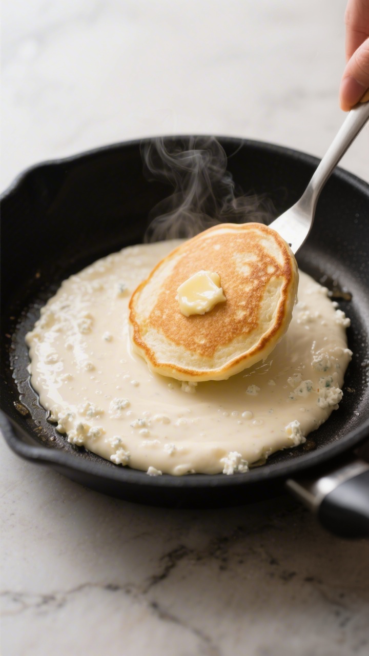 Close-up cooking process shot: Cottage cheese protein pancake batter just starting to set on a nonst