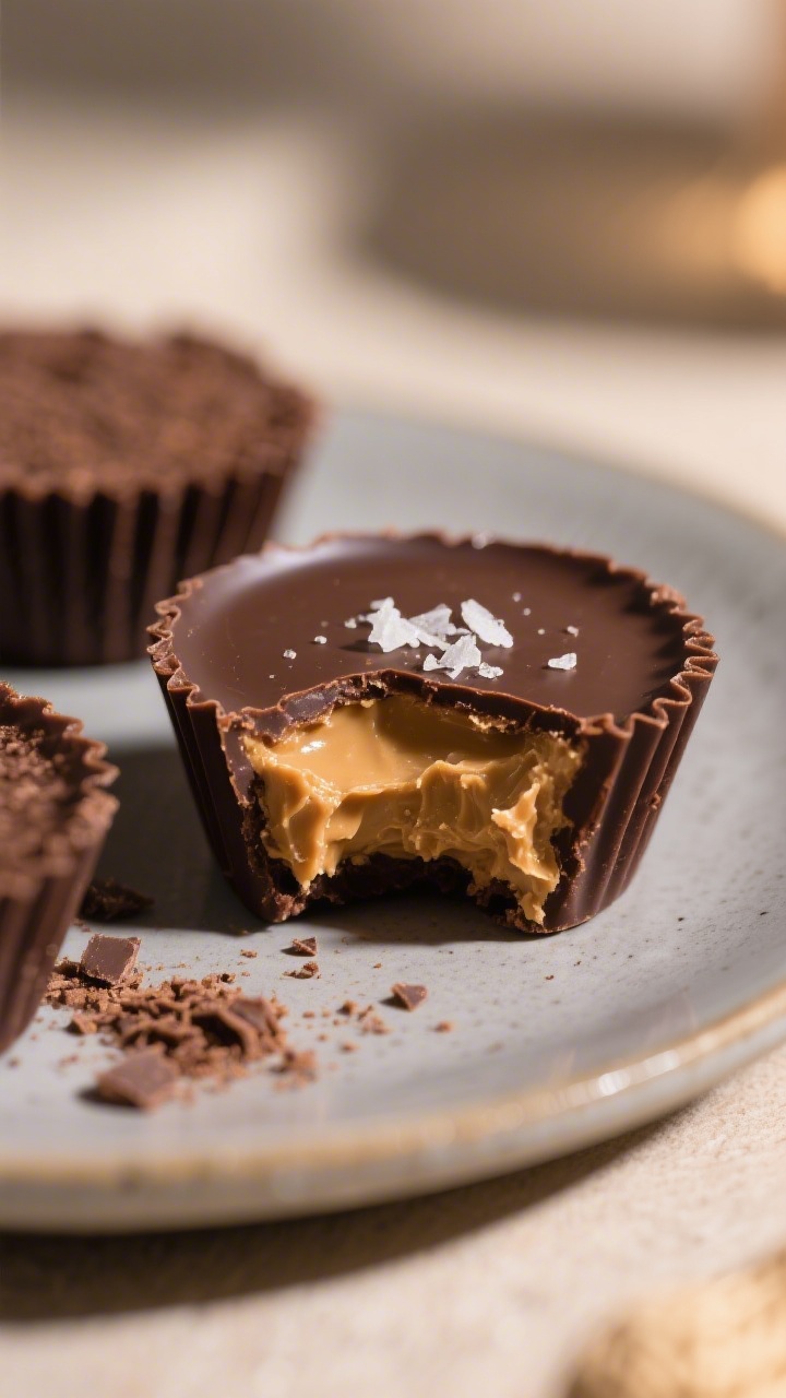 Close-up cross-section detail of a bitten protein peanut butter cup on a small matte ceramic plate, 