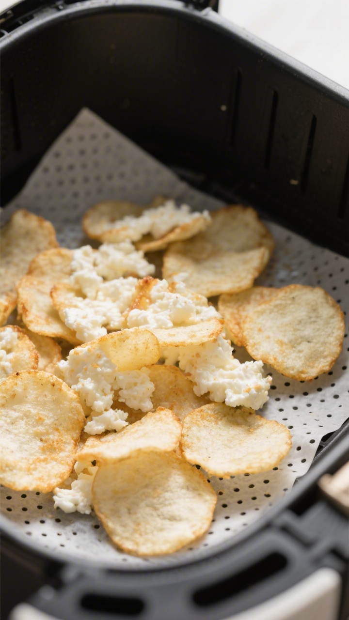 Close-up detail and cooking process: Air-fried cottage cheese chips mid-cook inside an open air frye