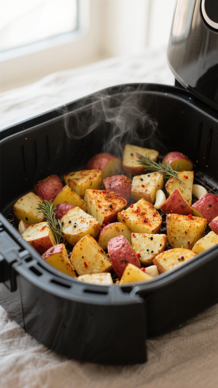 Close-up detail and cooking process: Air fryer basket at 400°F with a single-layer of cubed baby go
