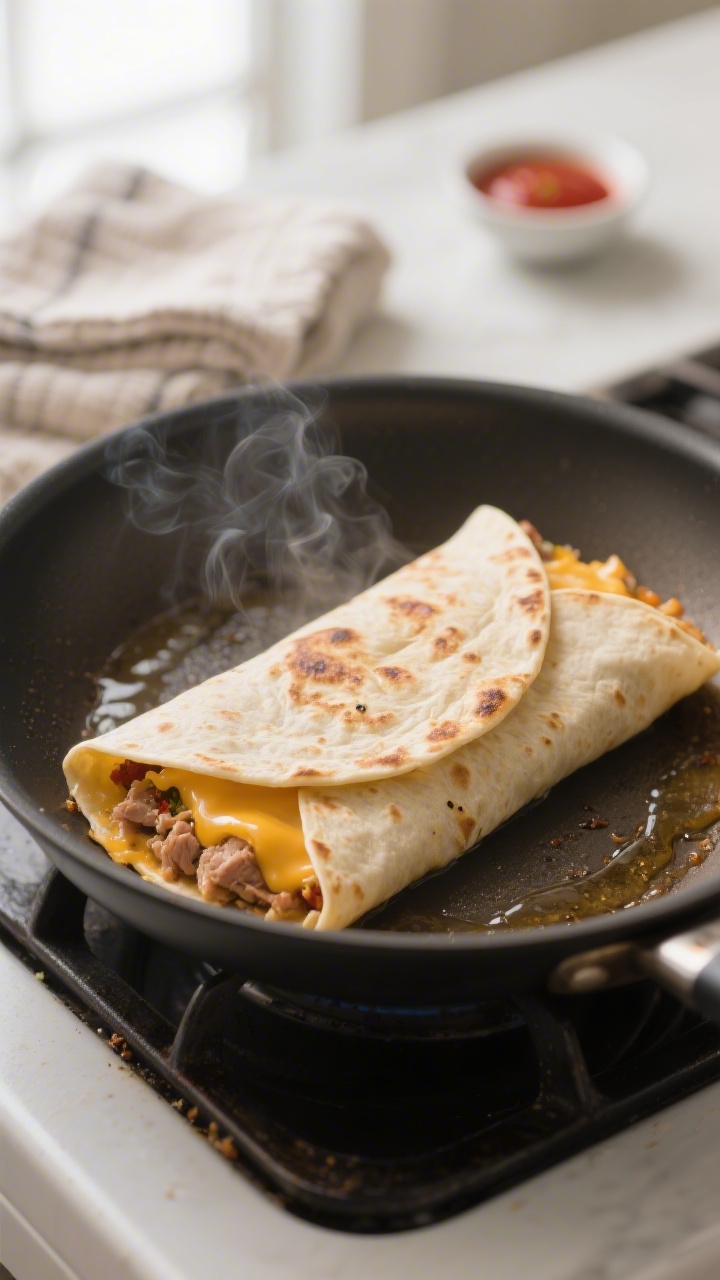 Close-up detail and cooking process: Seam-side-down crunchwrap searing in a nonstick skillet over me