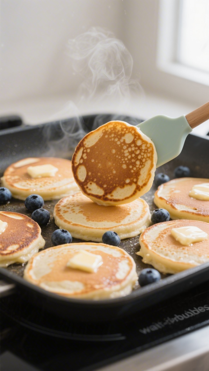Close-up detail, cooking process: A cluster of Greek Yogurt Protein Pancakes mid-cook on a nonstick 