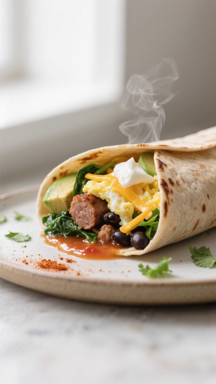 Close-up detail of a freshly toasted high-fiber whole-wheat breakfast burrito half, cut on the bias