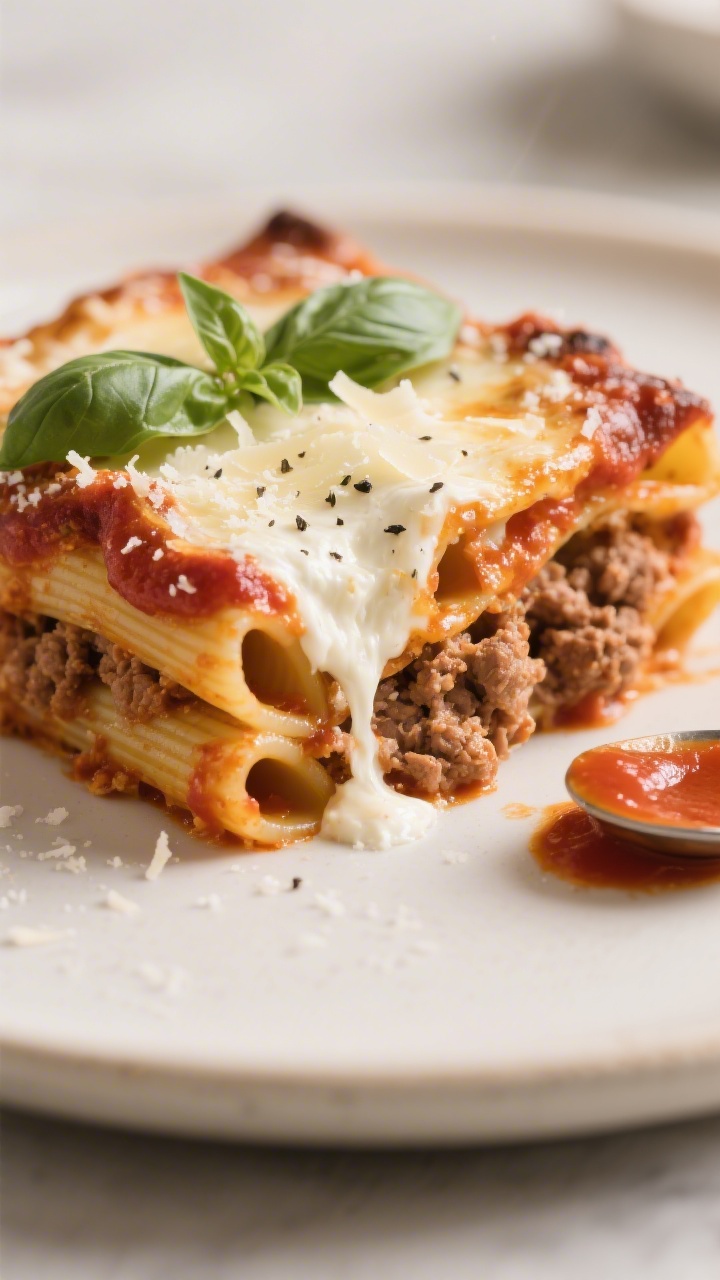 Close-up detail of a plated slice of high-protein baked ziti showing distinct layers: very al dente 