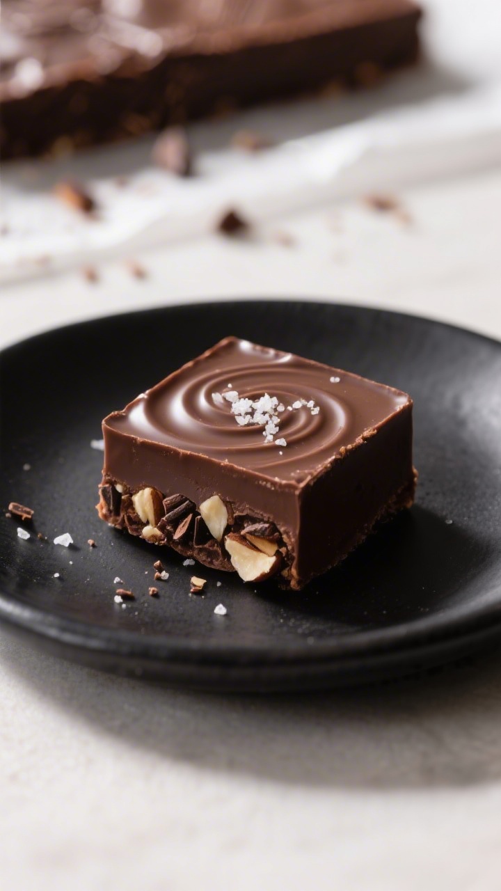 Close-up detail of a single square of Greek Yogurt Chocolate Fudge on a small matte black plate, sil