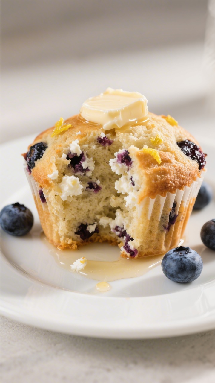 Close-up detail of a sliced blueberry cottage cheese muffin on a small white plate, showing ultra-mo